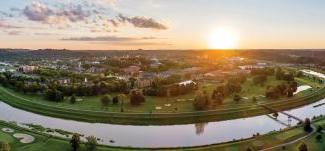 Aerial view of Ohio University's Athens campus at sunset